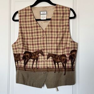 Vintage Jax Country 100% Silk Plaid Vest with Horse Pattern Print